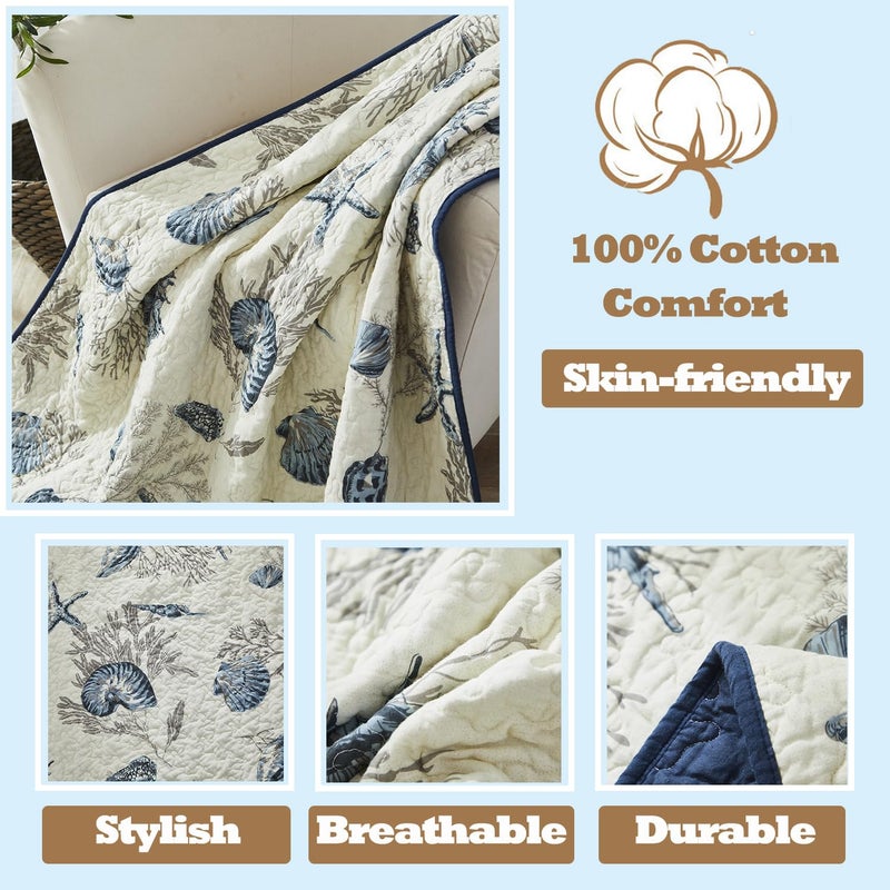 Brandream Coastal Seashell Beach Bedding Quilt Set Nautical Coverlet Set King Size 100% Cotton 3-Piece - Image 2